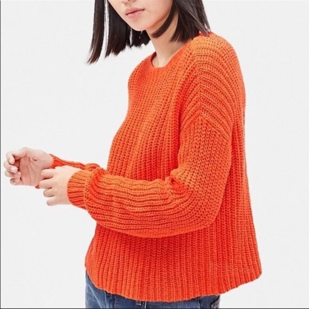 Eileen Fisher Organic Cotton Orangey Red Crop Lory Cable Knit Sweater Pullover
